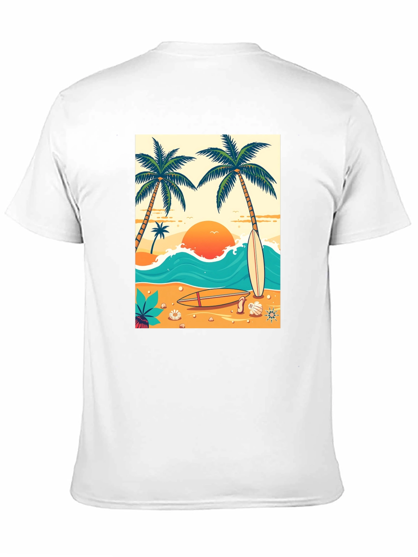 Tropical Beach T-Shirt: Surf Sun & Palm Trees