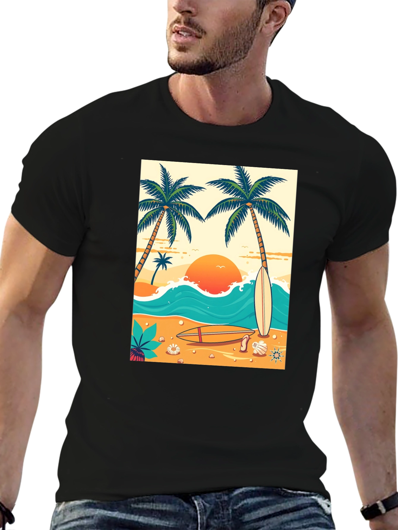 Tropical Beach T-Shirt: Surf Sun & Palm Trees