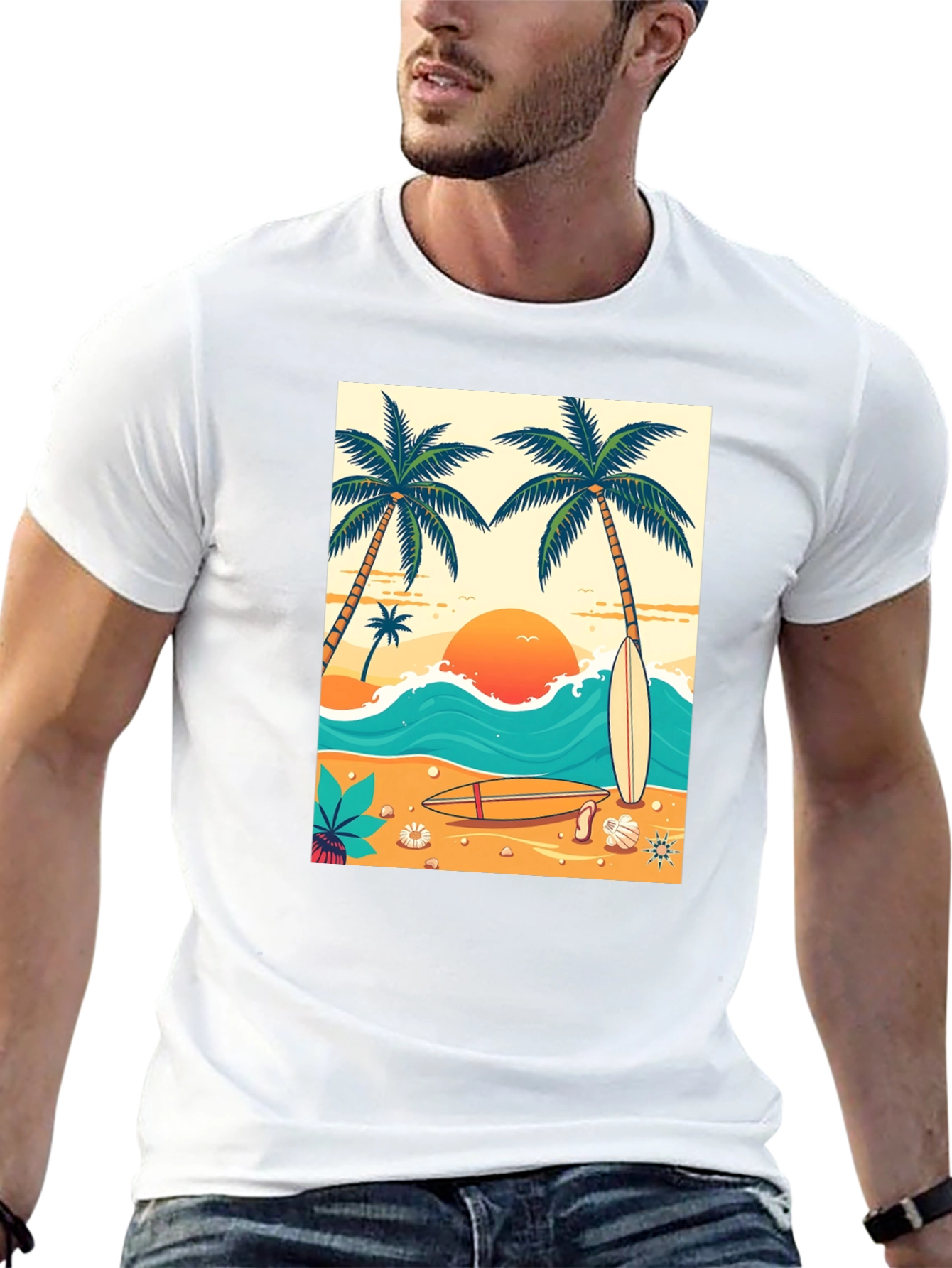 Tropical Beach T-Shirt: Surf Sun & Palm Trees