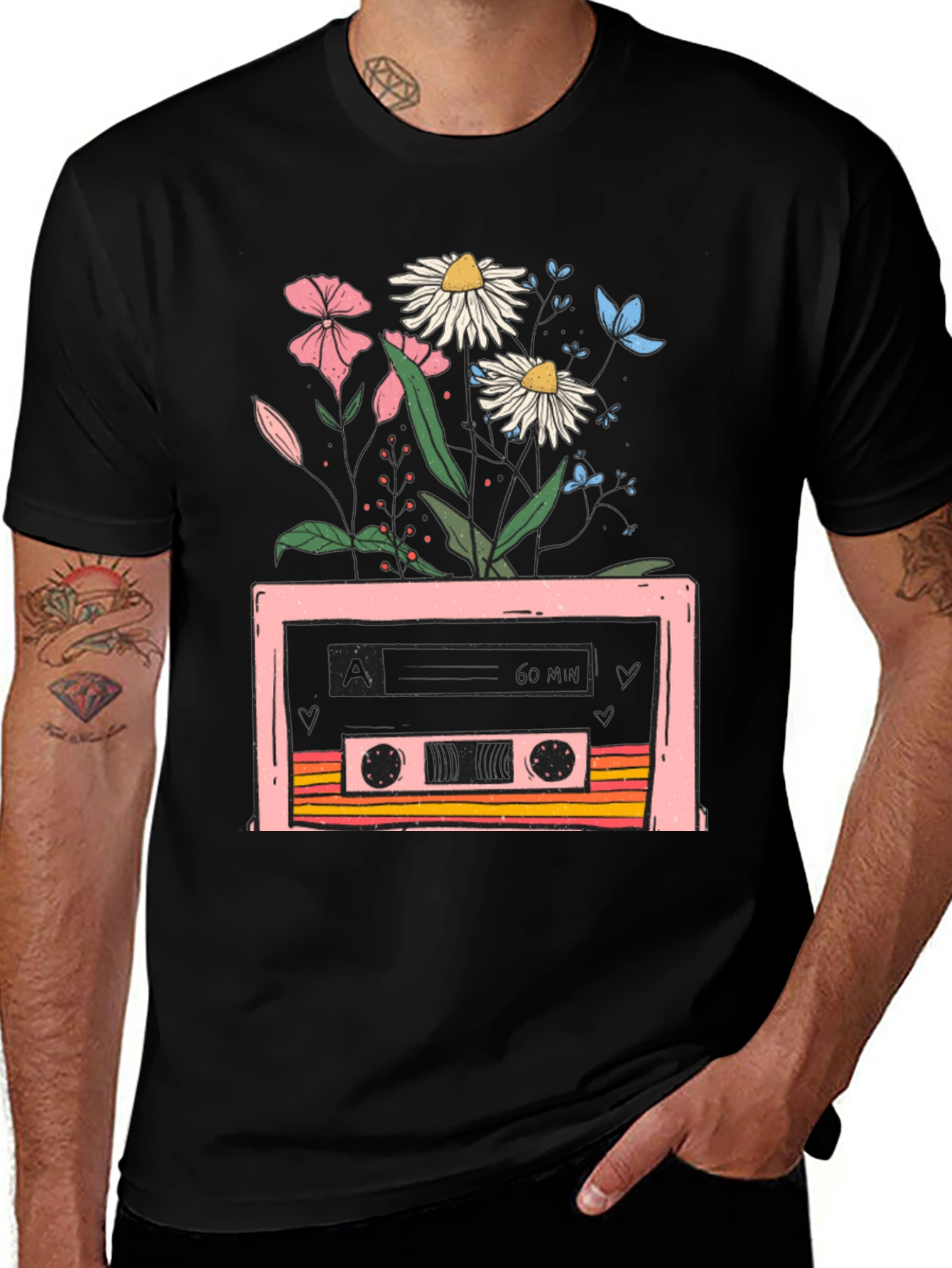 Retro Cassette & Floral Graphic T-Shirt