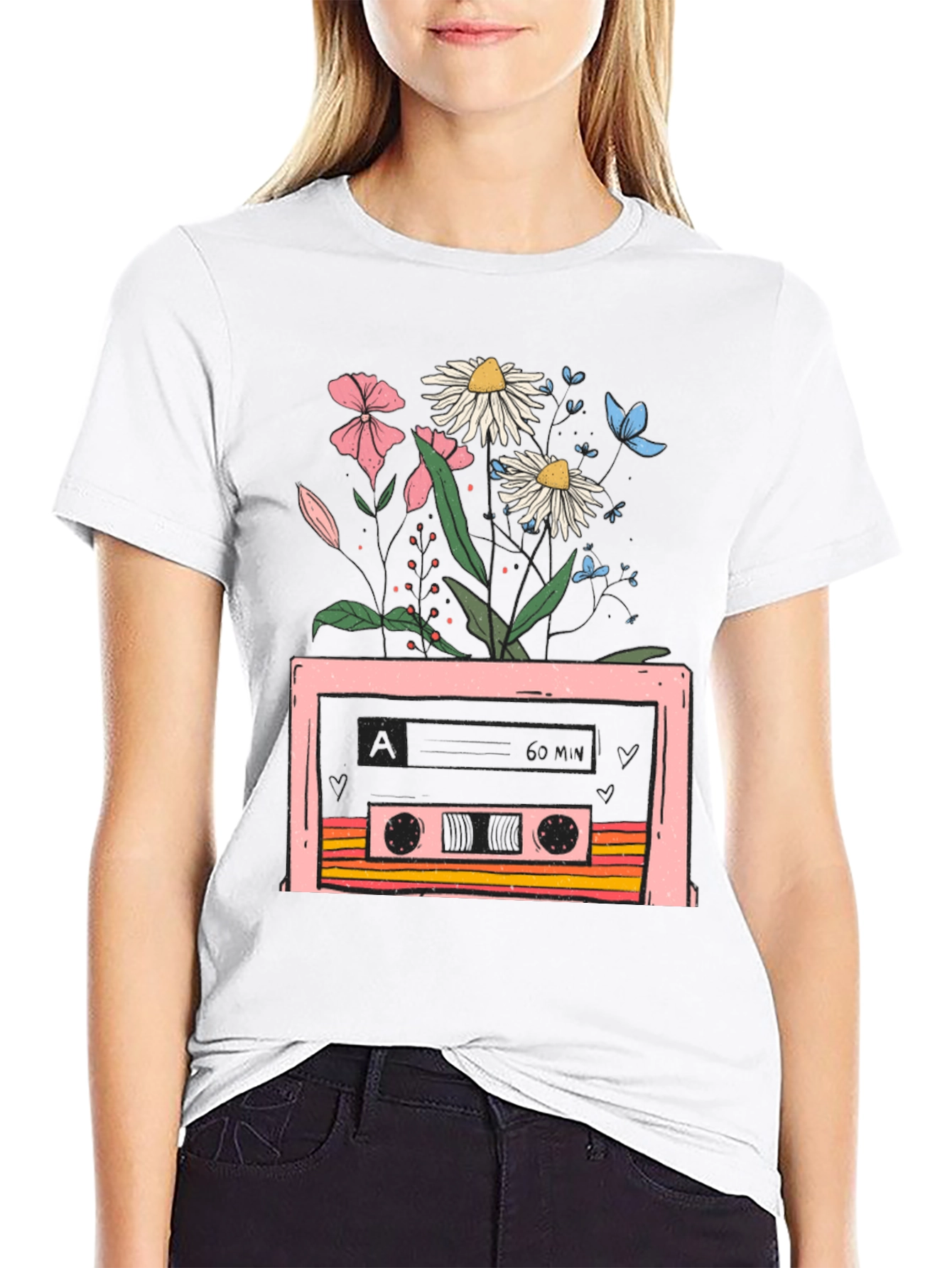 Retro Cassette & Floral Graphic T-Shirt