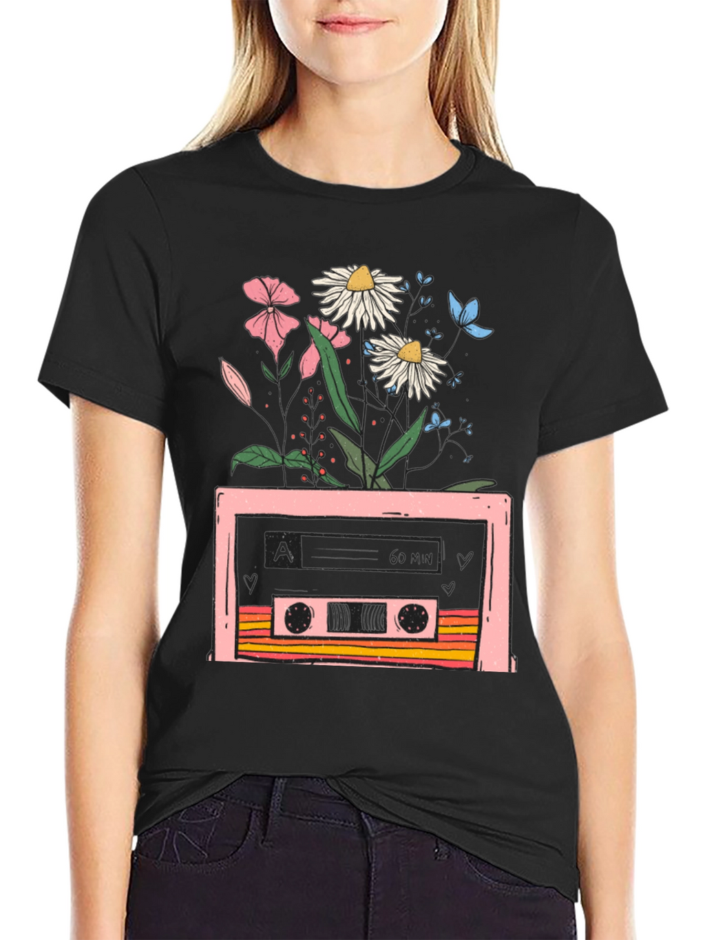 Retro Cassette & Floral Graphic T-Shirt
