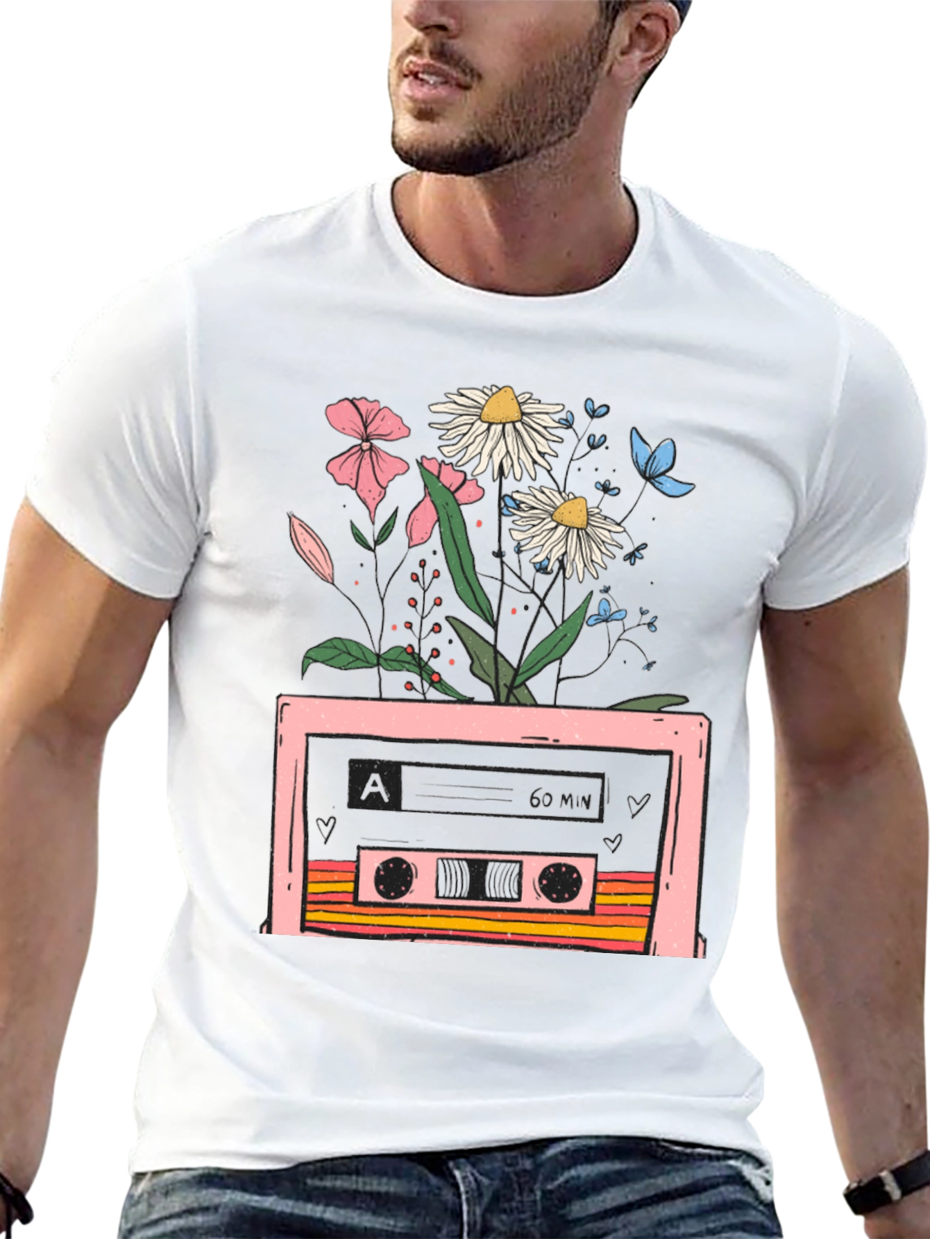 Retro Cassette & Floral Graphic T-Shirt