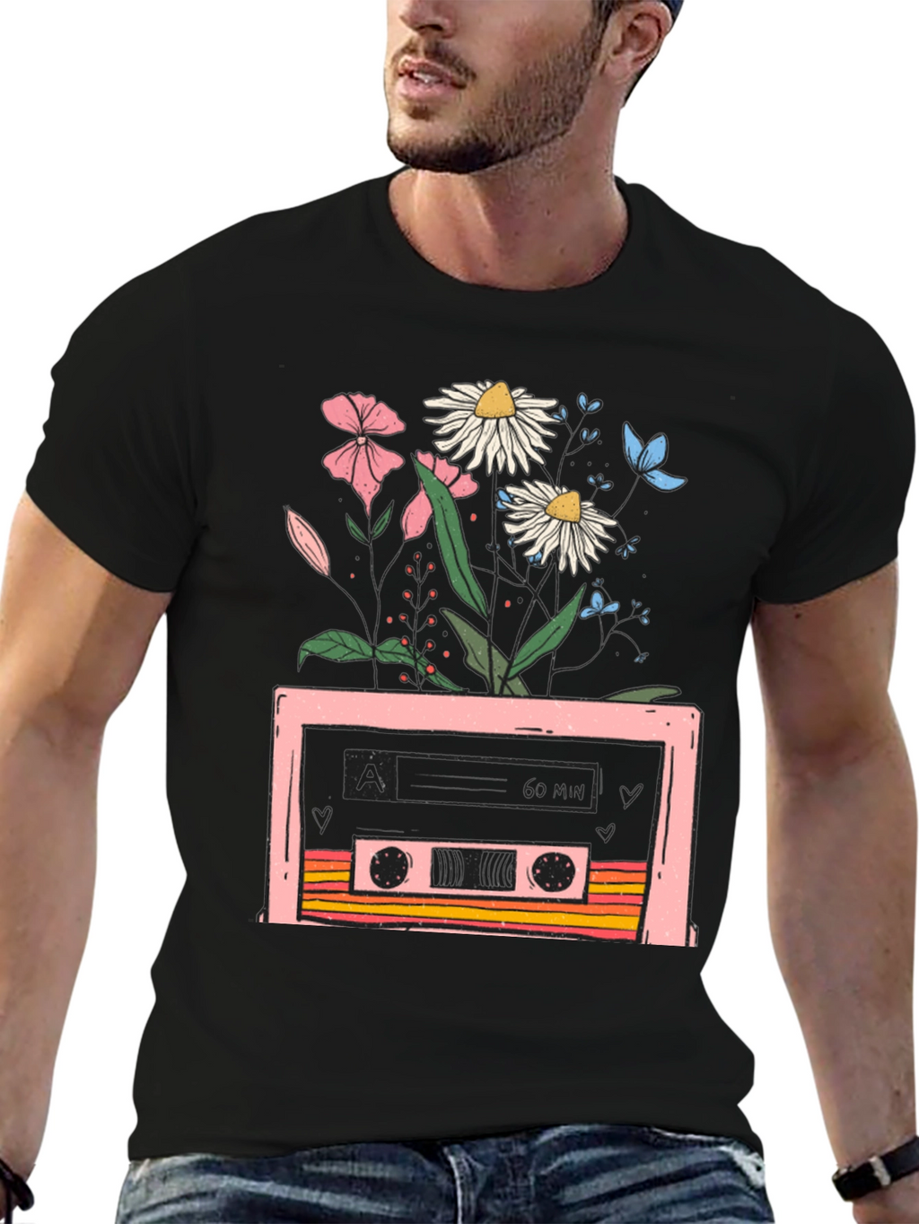 Retro Cassette & Floral Graphic T-Shirt