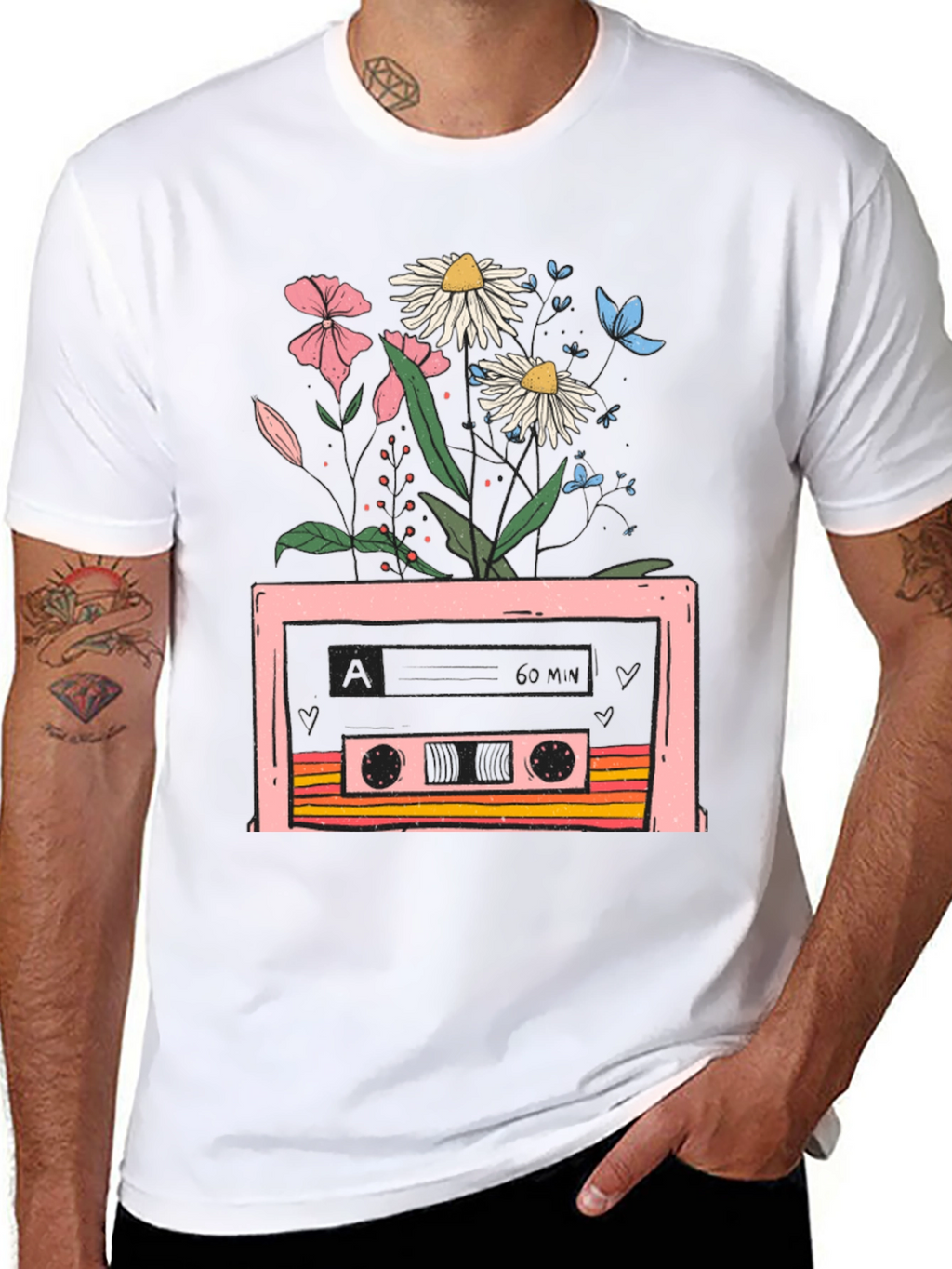 Retro Cassette & Floral Graphic T-Shirt