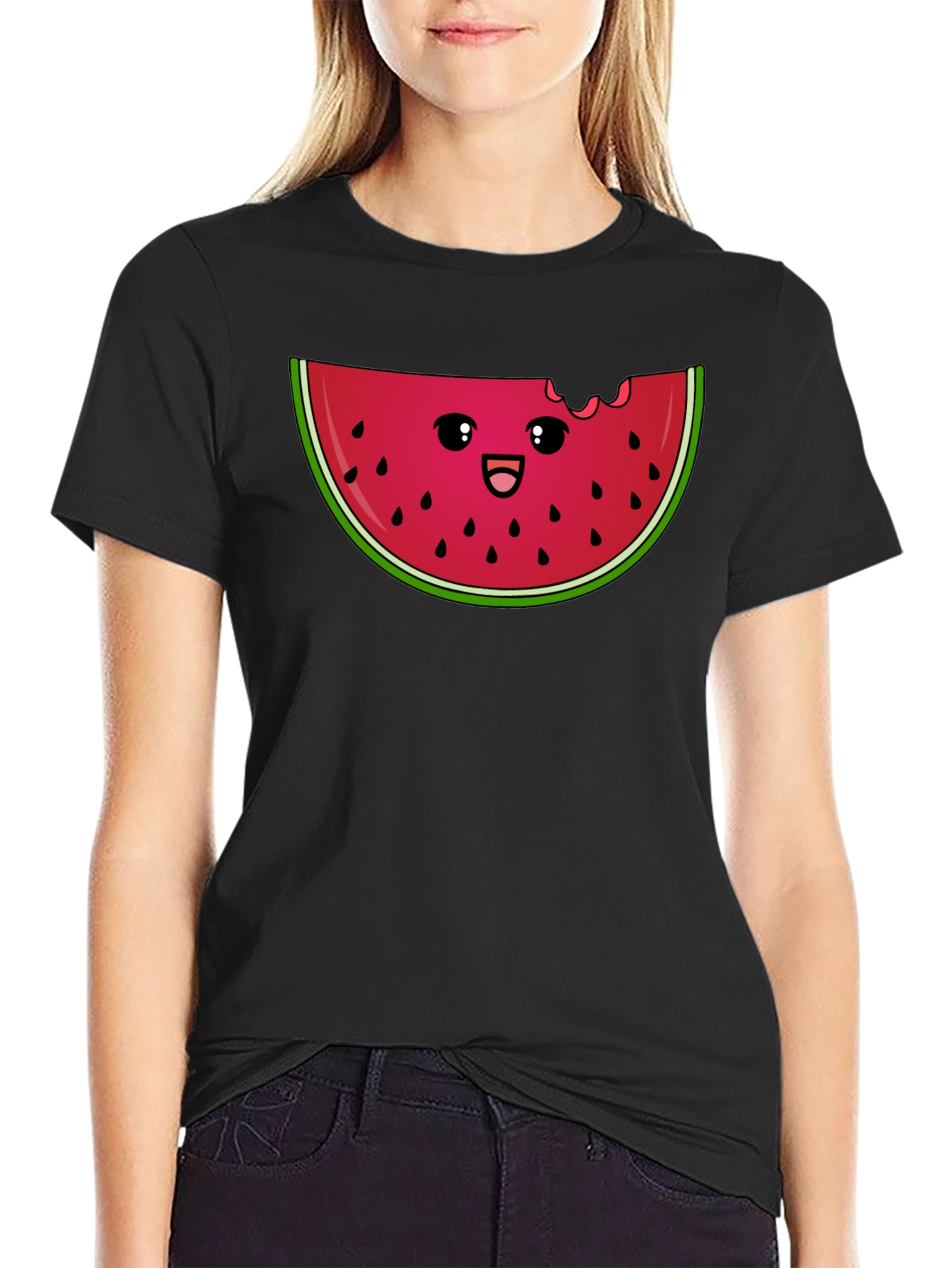 Cute Watermelon Slice Graphic Tee - Black