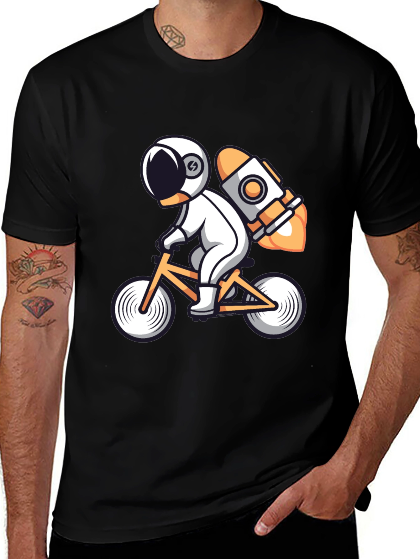 Astronaut Riding Bike with Rocket T-Shirt - Cool Graphic Tee