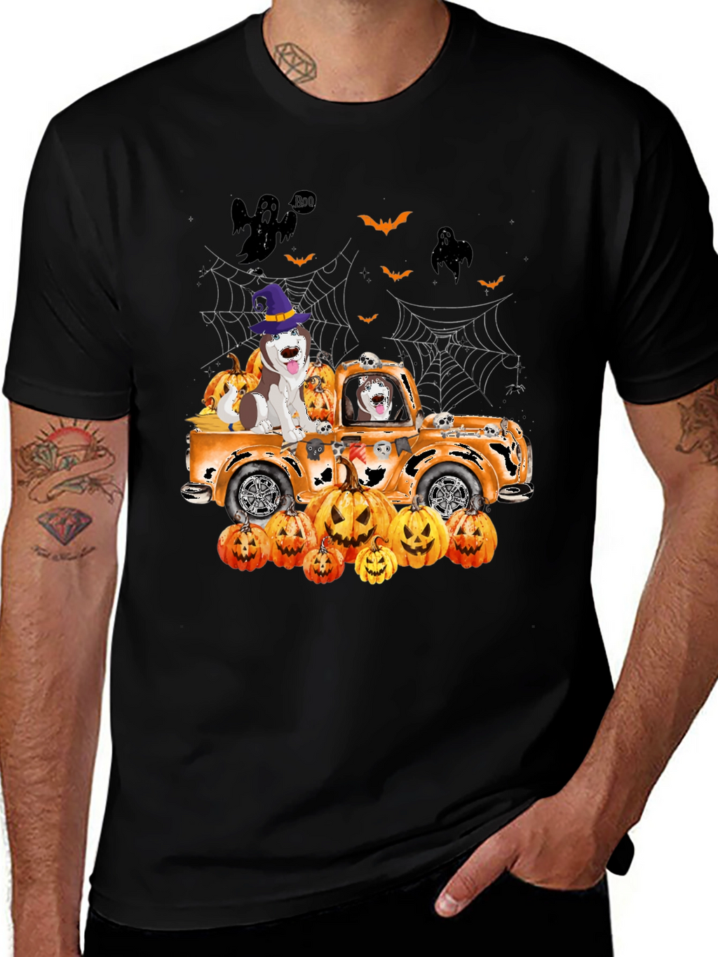 Halloween Husky Pumpkin Truck T-Shirt – Cute Spooky Dog Graphic Tee