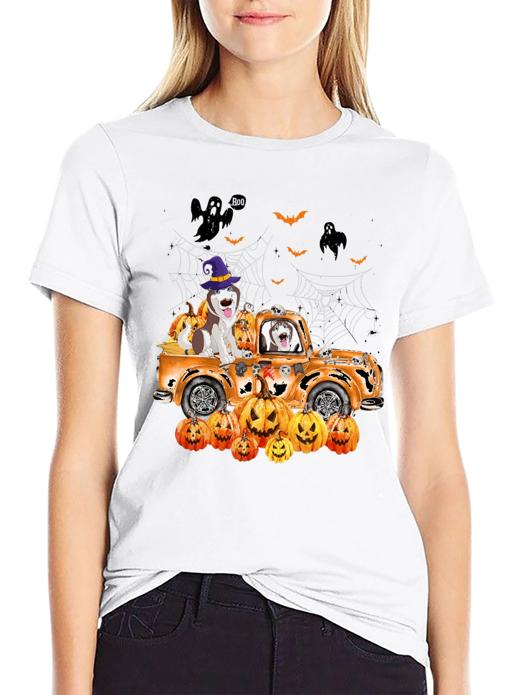 Halloween Husky Pumpkin Truck T-Shirt – Cute Spooky Dog Graphic Tee