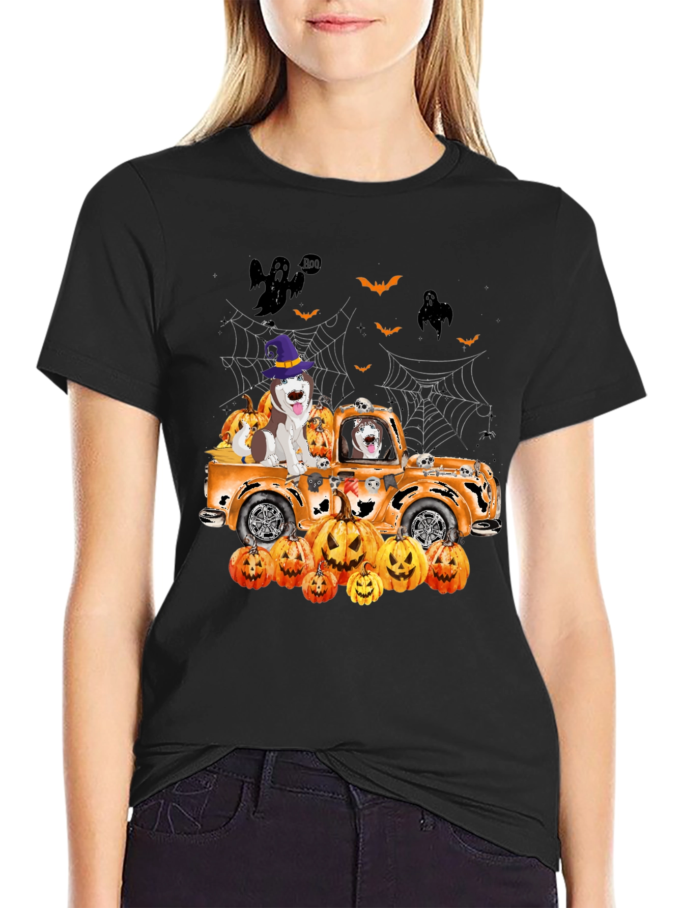 Halloween Husky Pumpkin Truck T-Shirt – Cute Spooky Dog Graphic Tee