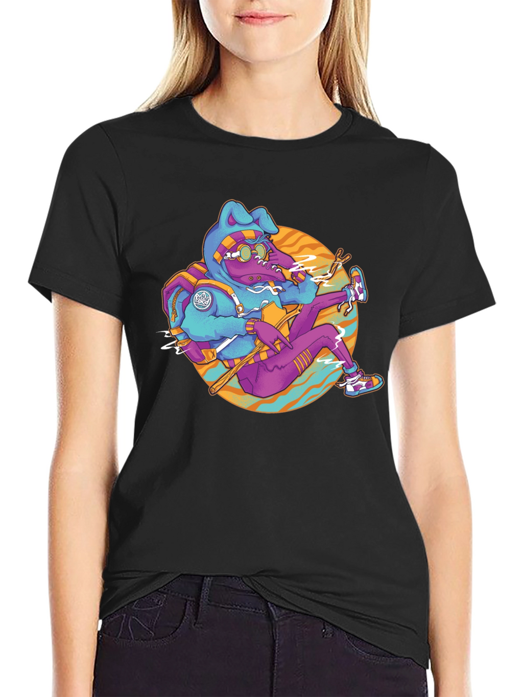 Funky Cartoon Bunny Black T-Shirt