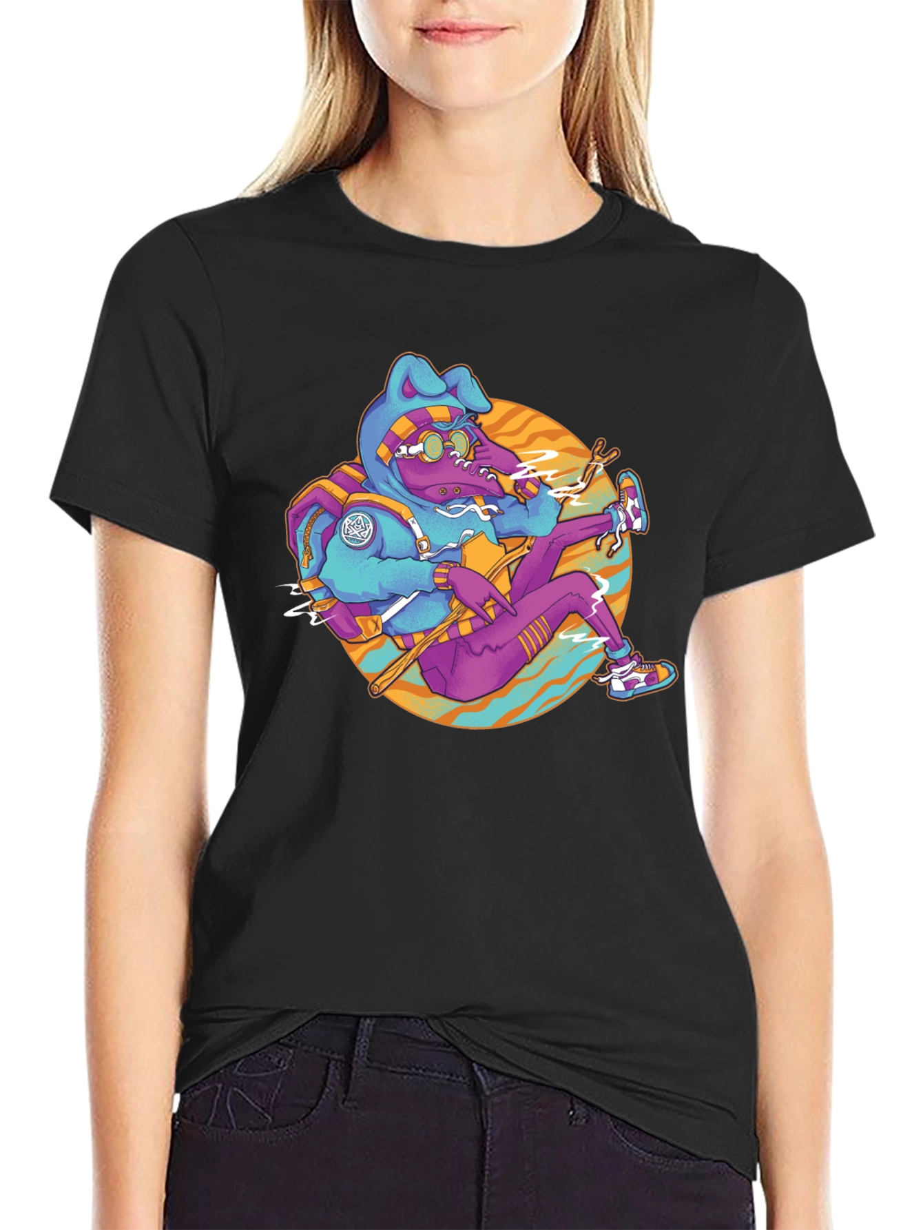 Funky Cartoon Bunny Black T-Shirt