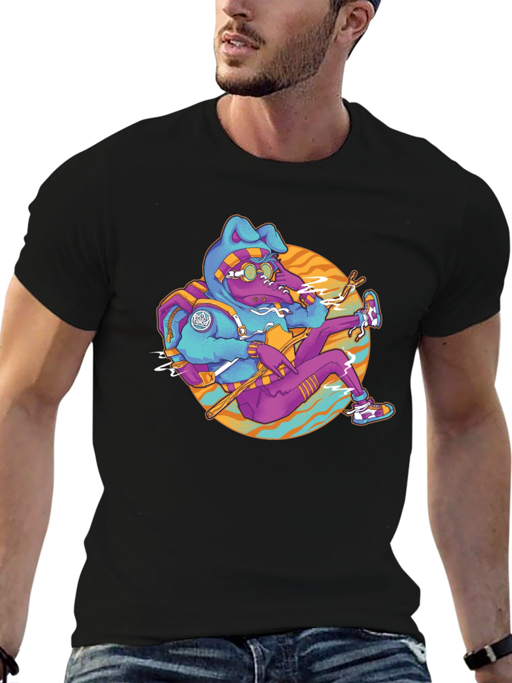 Funky Cartoon Bunny Black T-Shirt