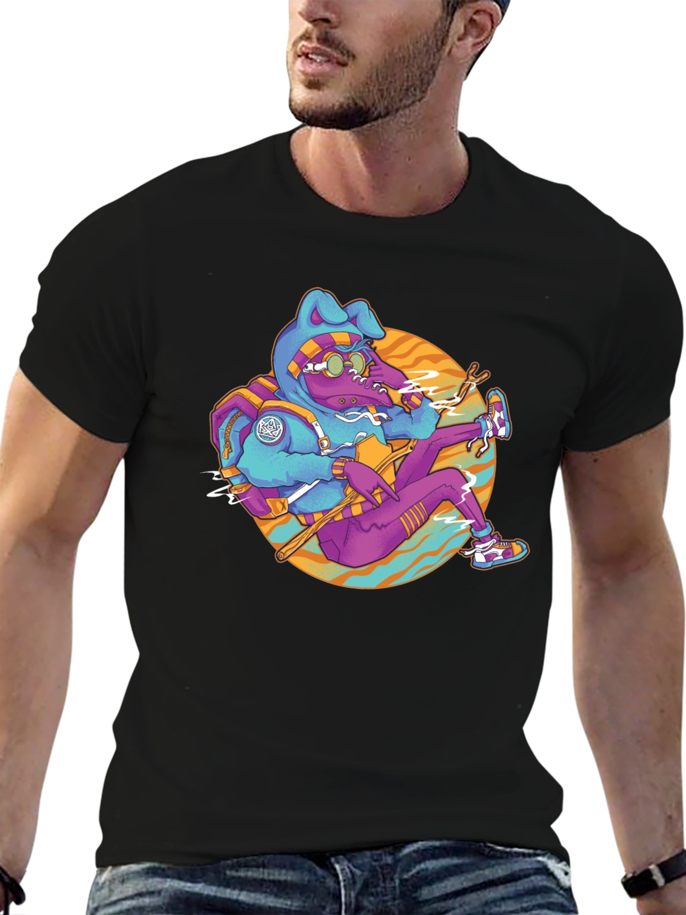 Funky Cartoon Bunny Black T-Shirt