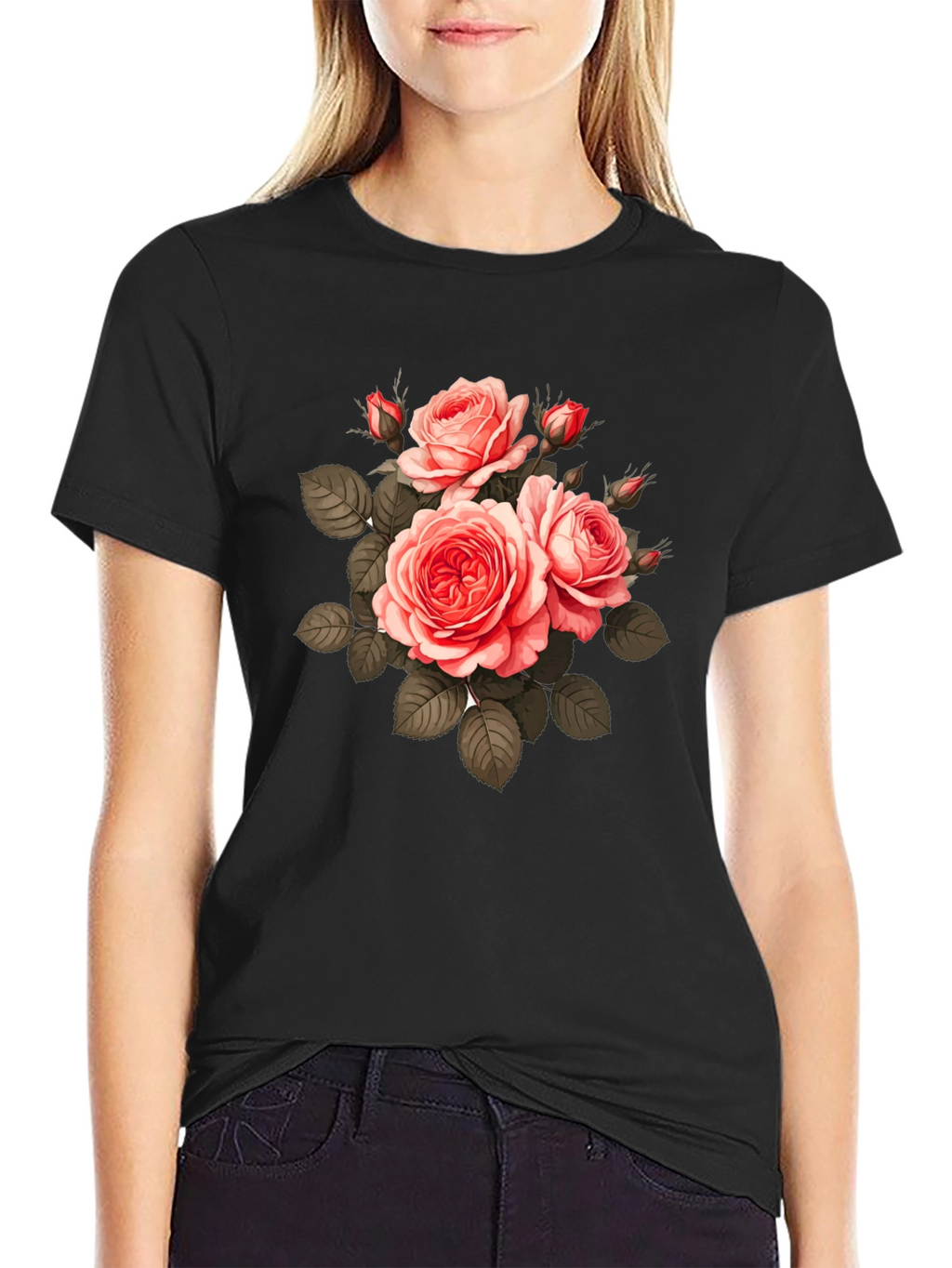 Floral Print T-Shirt - Black