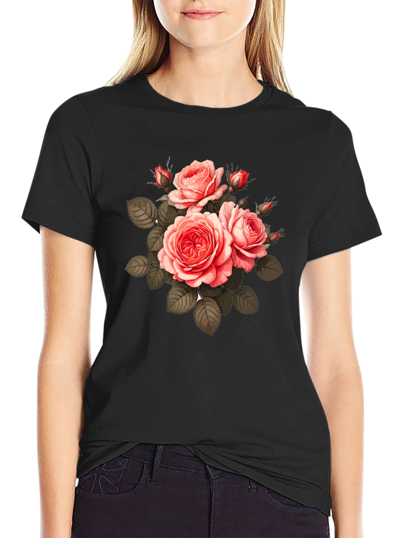 Floral Print T-Shirt - Black