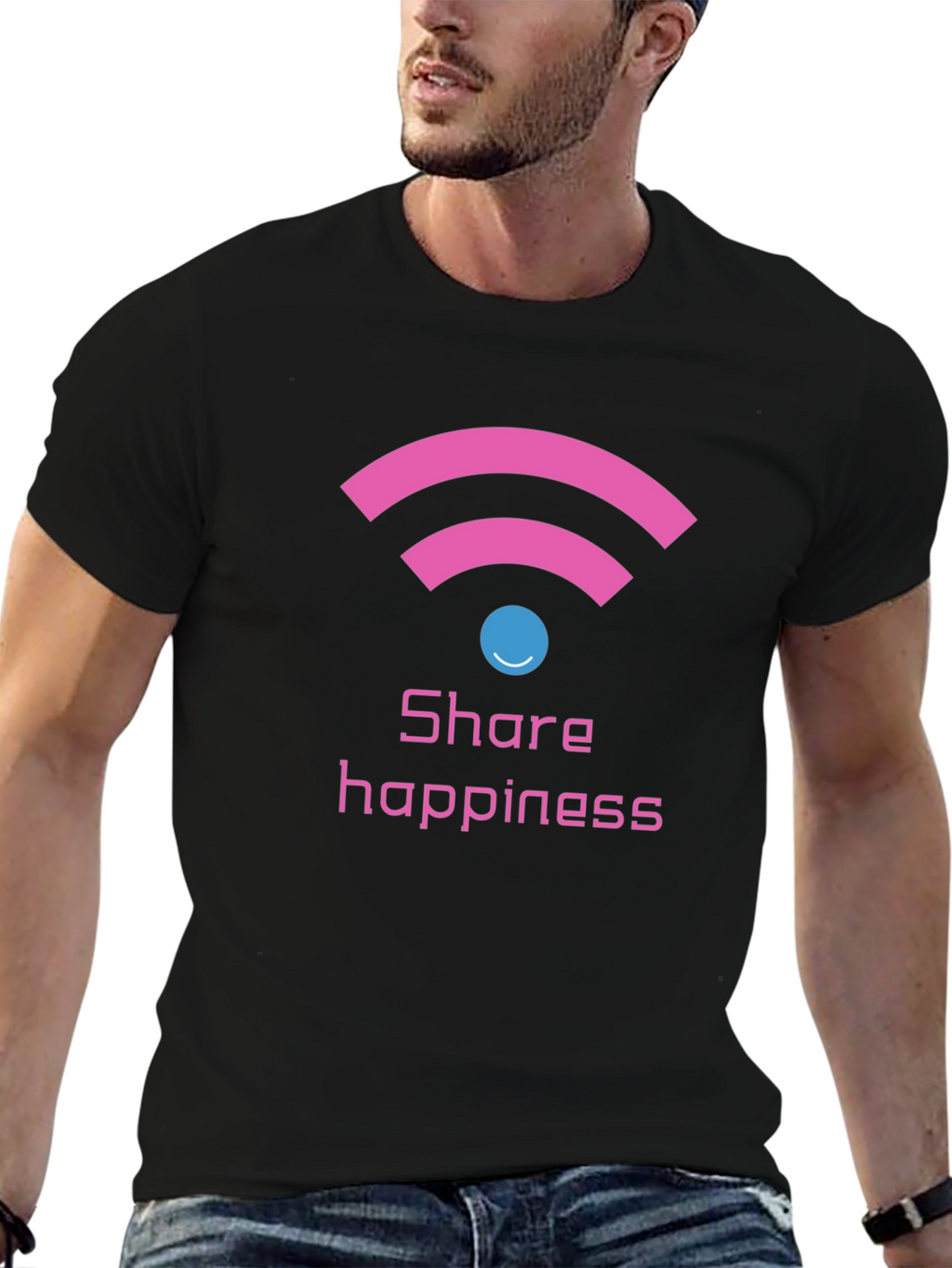 Share Happiness Graphic Tee - Black Cotton Comfort