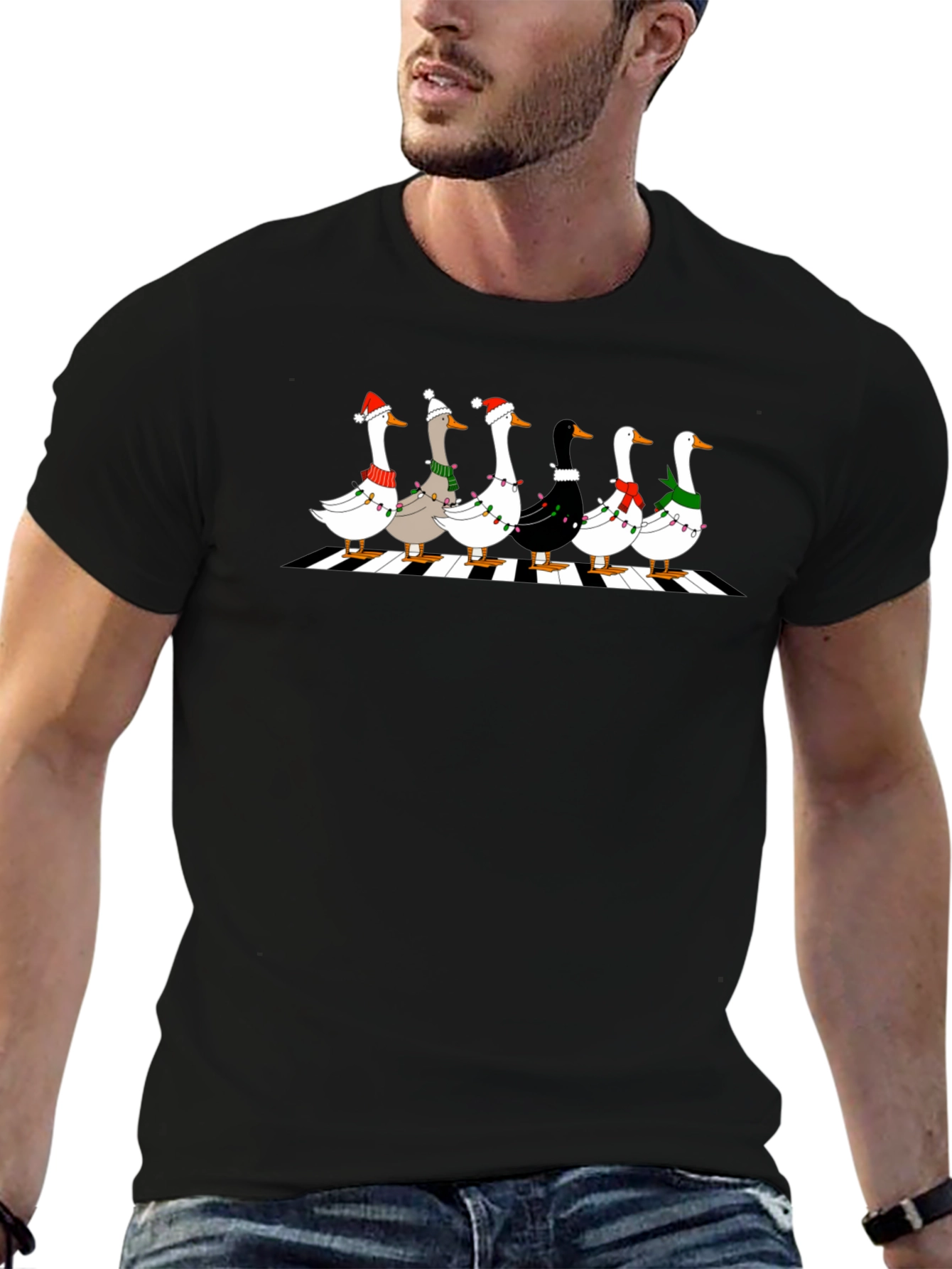 Holiday Geese Abbey Road Style Black T-Shirt