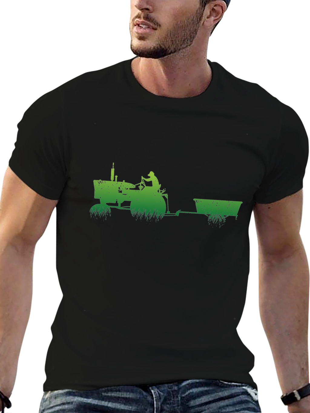 Green Tractor Black T-Shirt