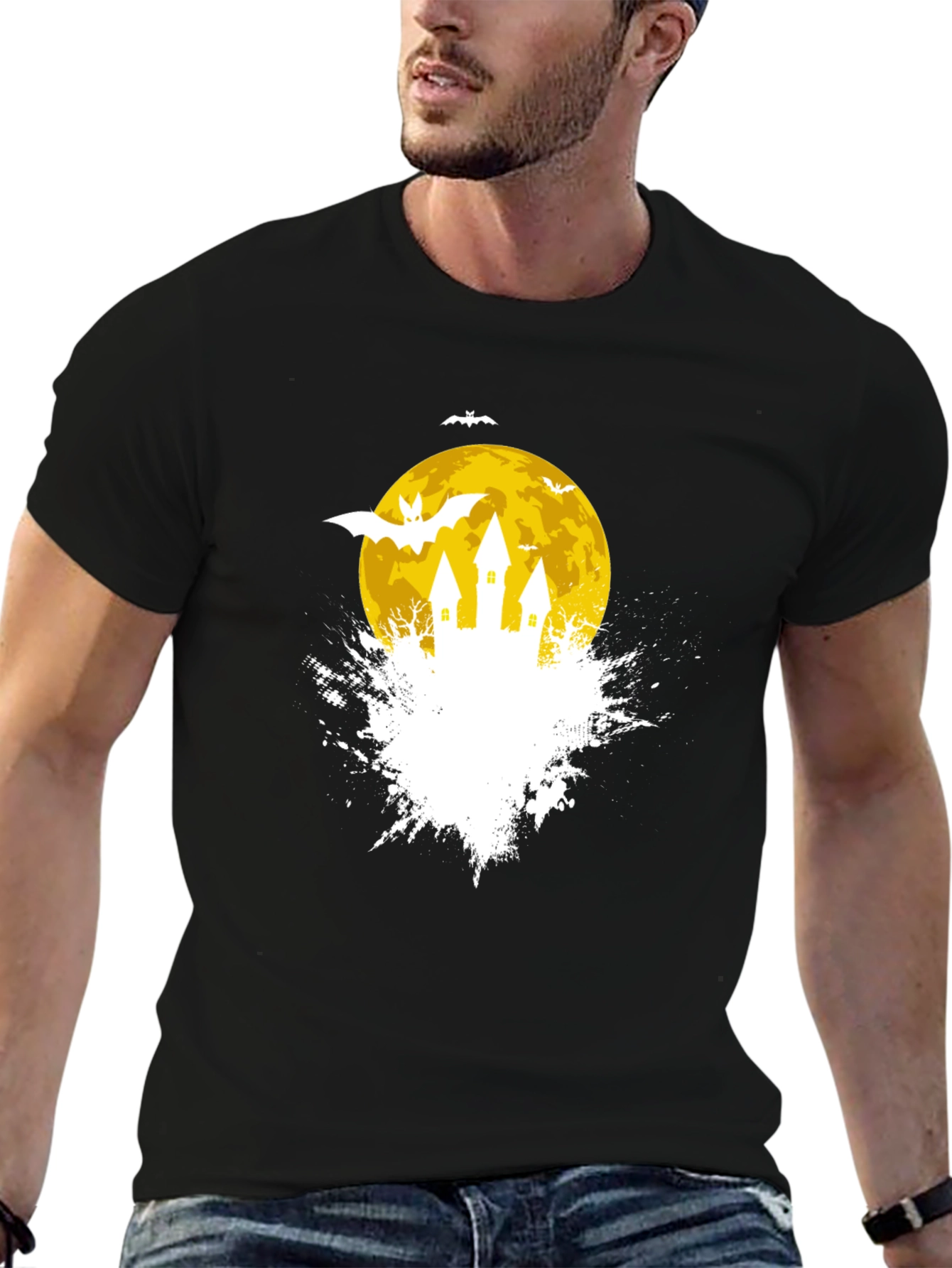 Spooky Halloween Castle on Moon Black T-Shirt