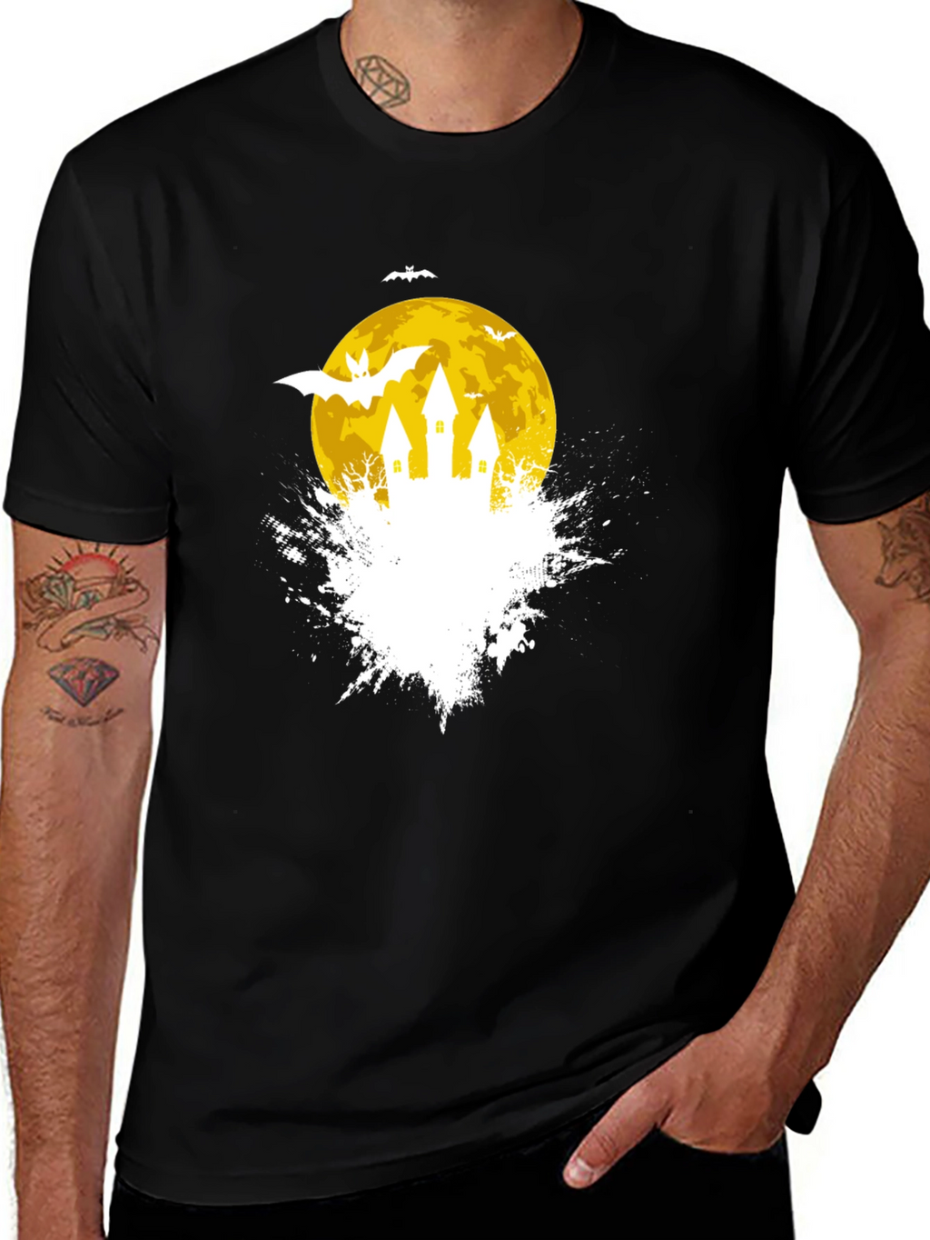 Spooky Halloween Castle on Moon Black T-Shirt