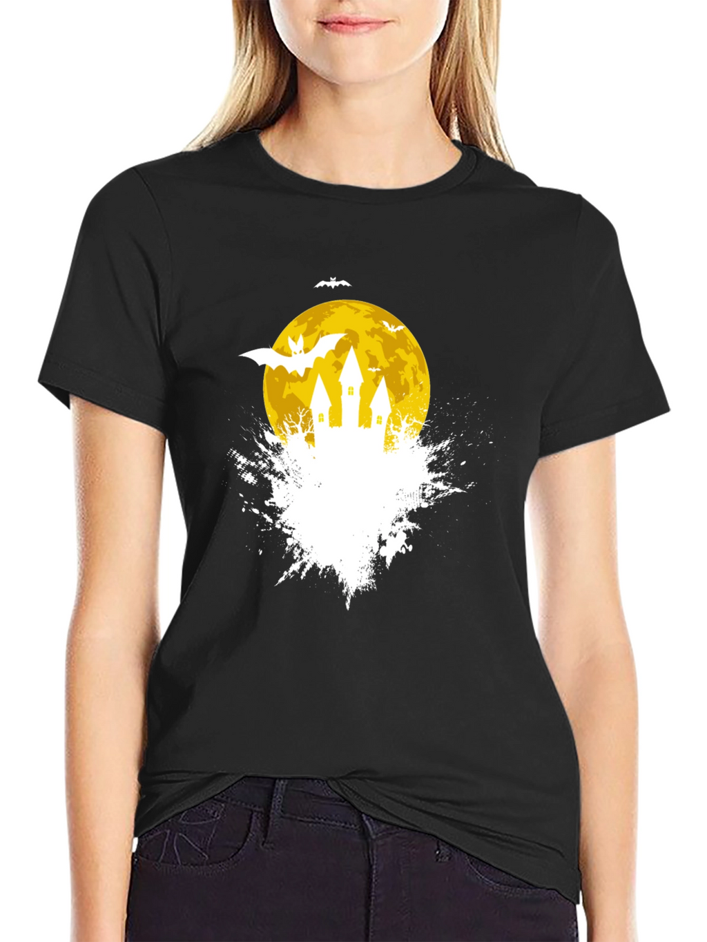 Spooky Halloween Castle on Moon Black T-Shirt