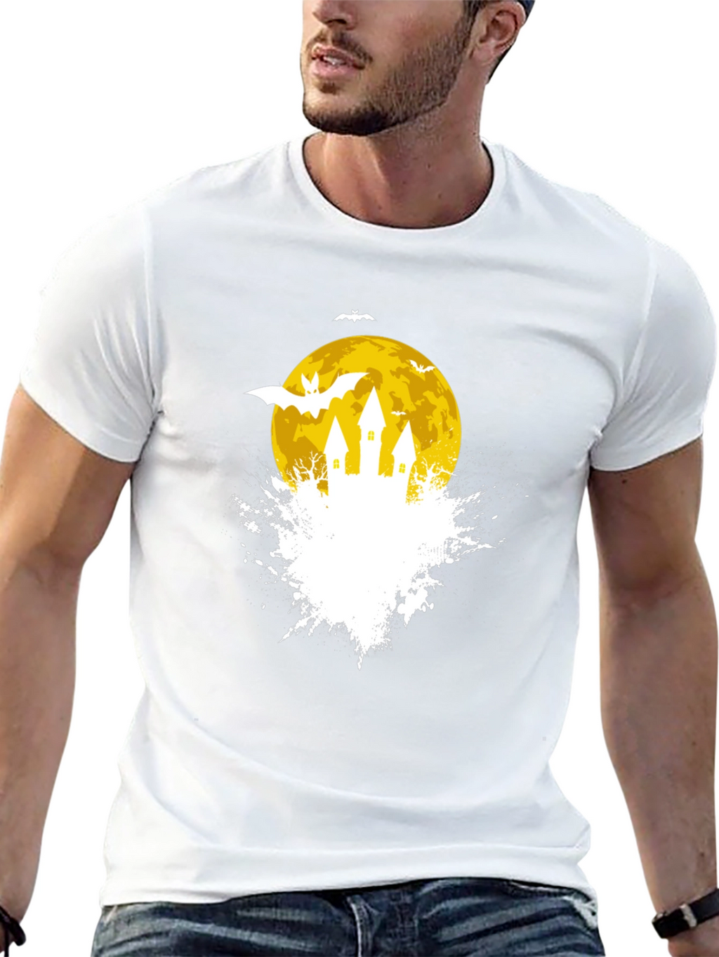 Spooky Halloween Castle on Moon Black T-Shirt