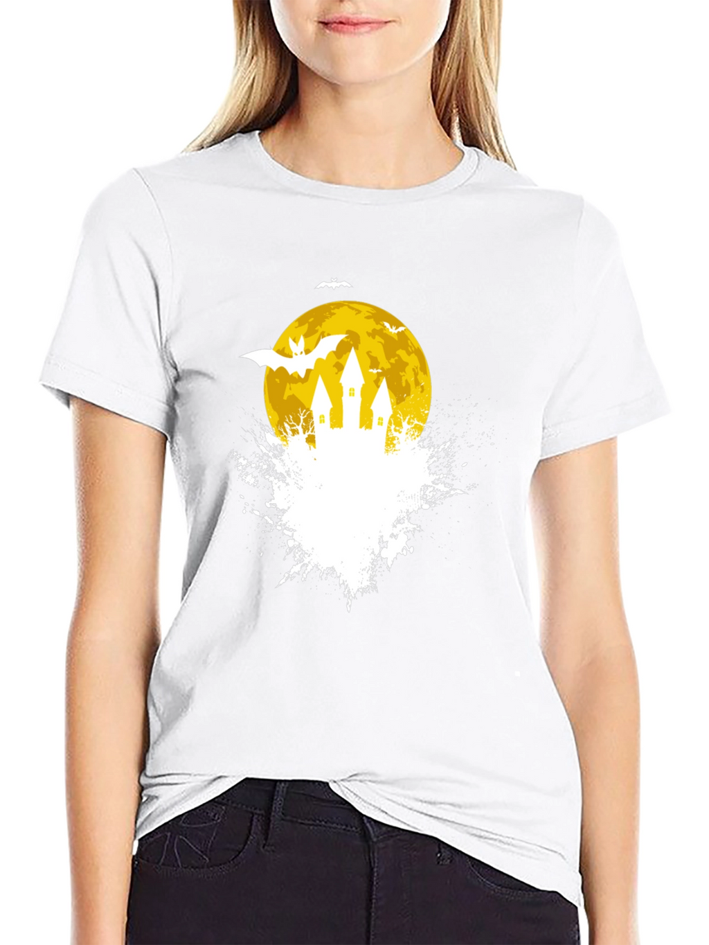 Spooky Halloween Castle on Moon Black T-Shirt