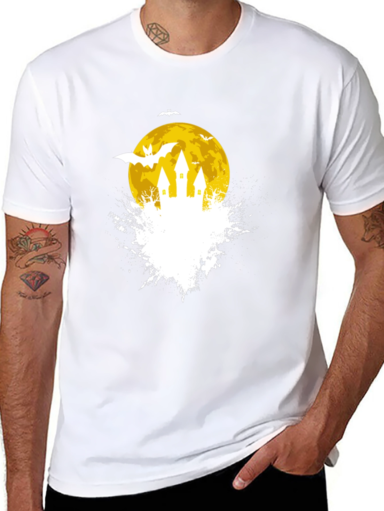 Spooky Halloween Castle on Moon Black T-Shirt