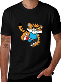 Mens Black T-Shirt with Tiger Cartoon Graphic