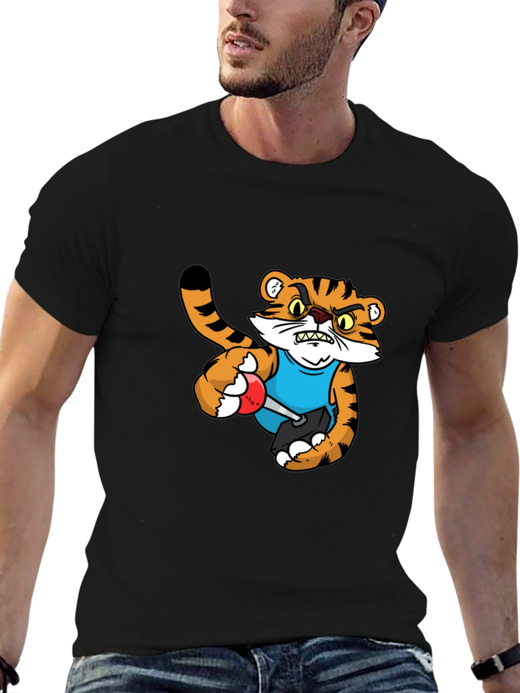 Mens Black T-Shirt with Tiger Cartoon Graphic