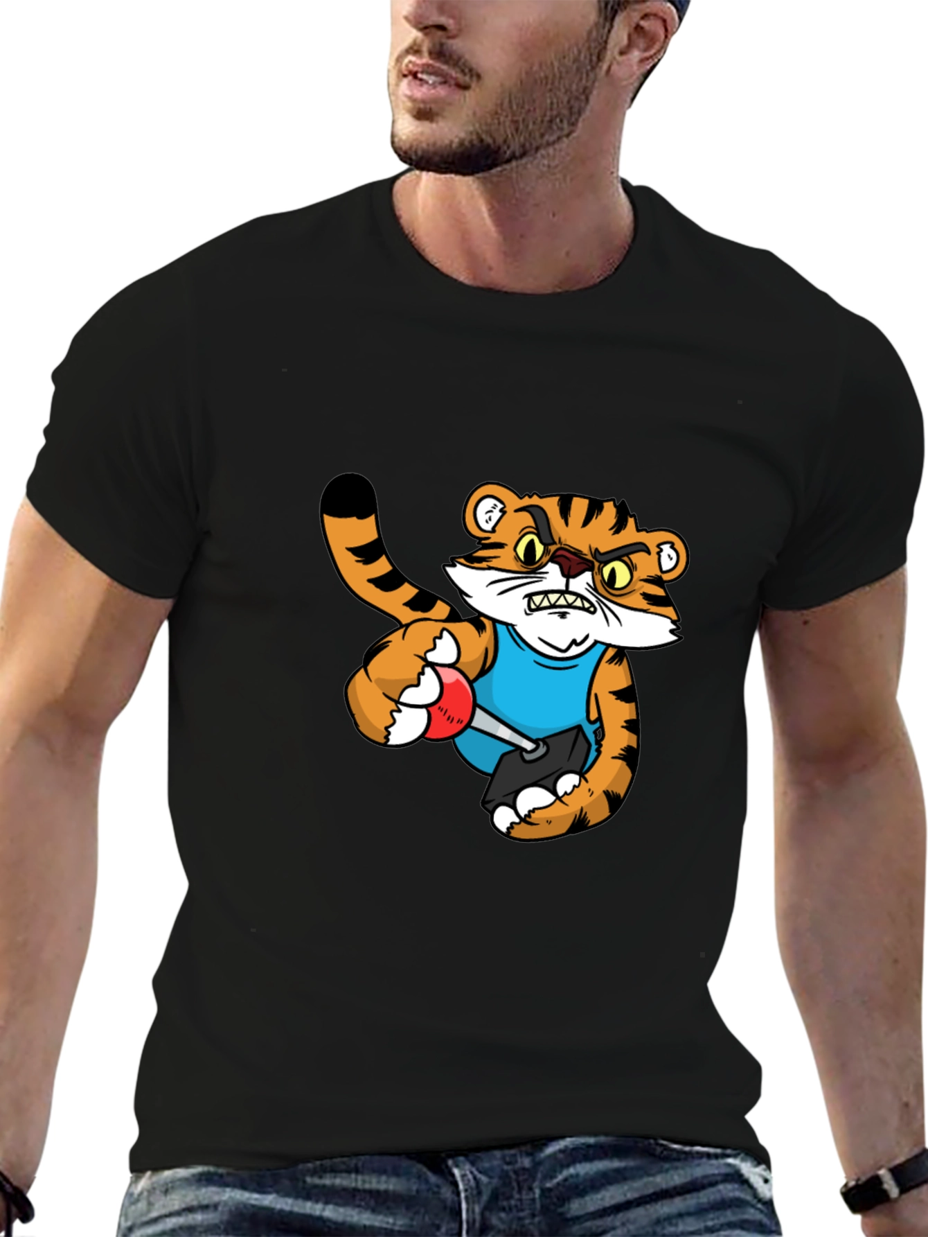 Mens Black T-Shirt with Tiger Cartoon Graphic