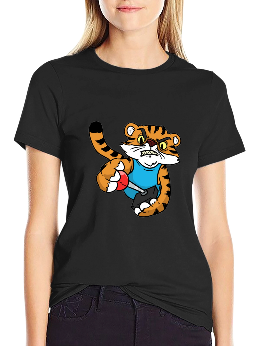 Mens Black T-Shirt with Tiger Cartoon Graphic