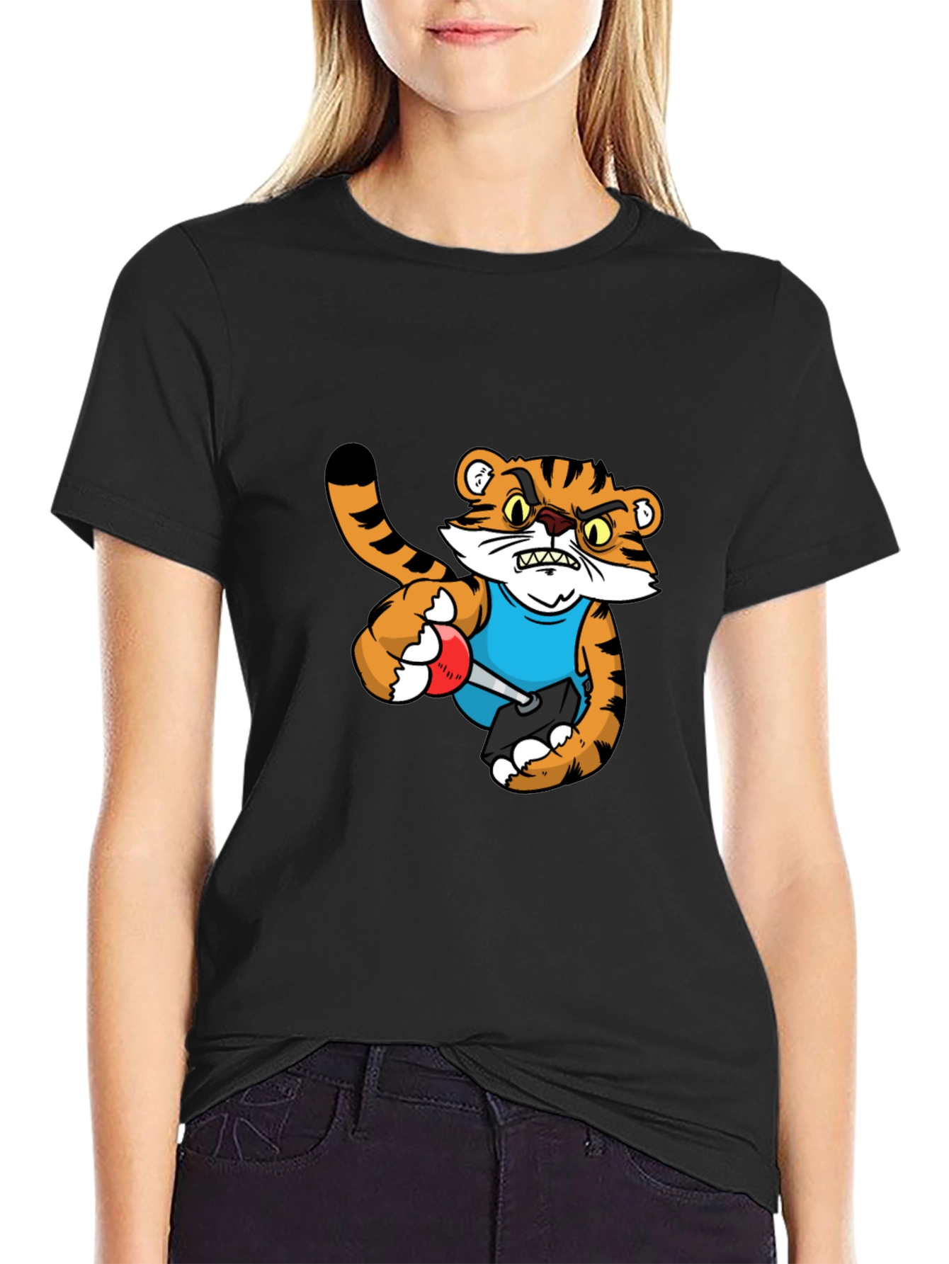 Mens Black T-Shirt with Tiger Cartoon Graphic