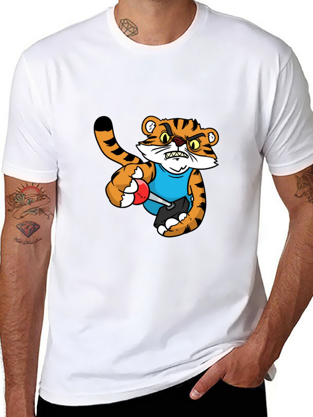Mens Black T-Shirt with Tiger Cartoon Graphic