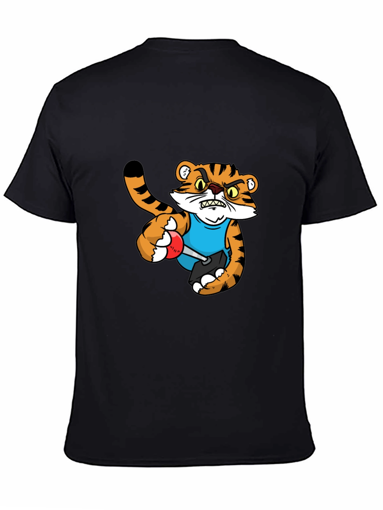 Mens Black T-Shirt with Tiger Cartoon Graphic