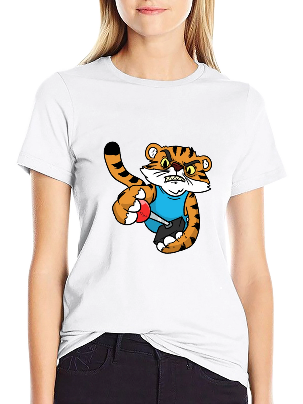Mens Black T-Shirt with Tiger Cartoon Graphic