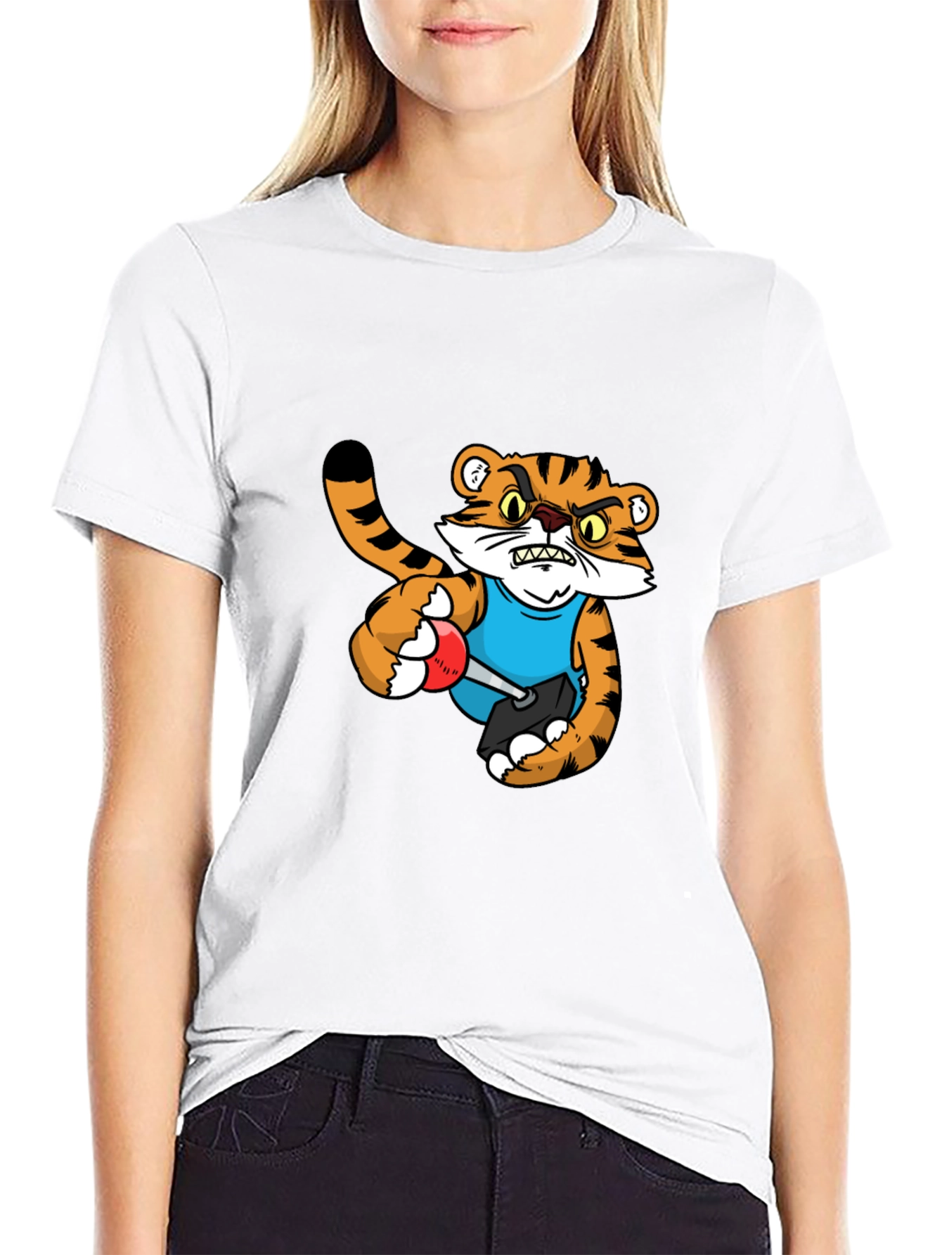 Mens Black T-Shirt with Tiger Cartoon Graphic