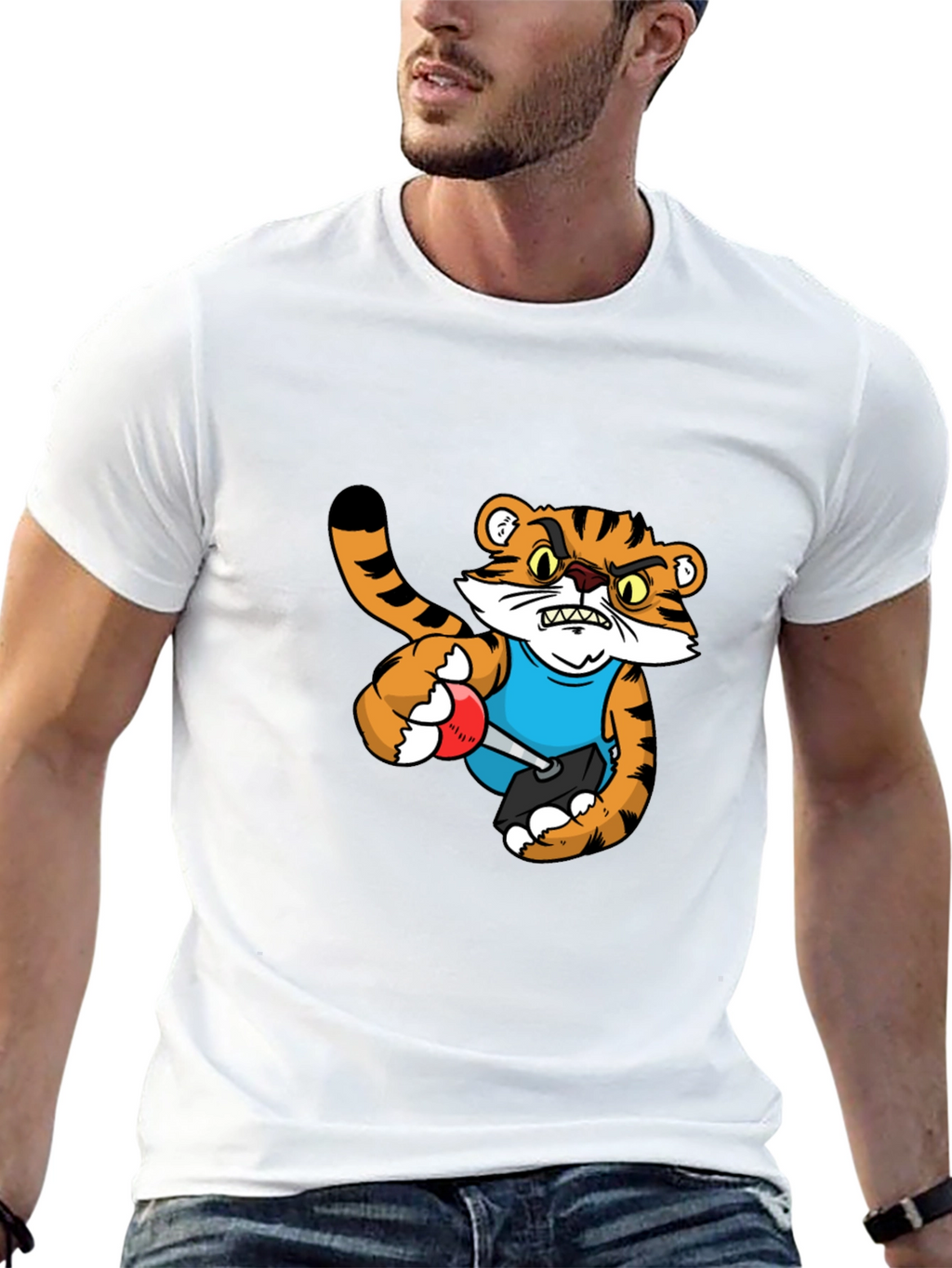 Mens Black T-Shirt with Tiger Cartoon Graphic