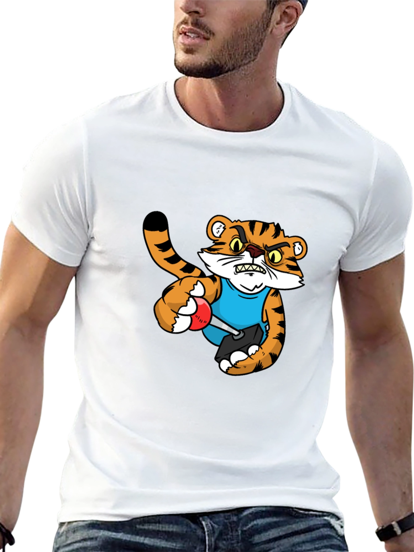 Mens Black T-Shirt with Tiger Cartoon Graphic