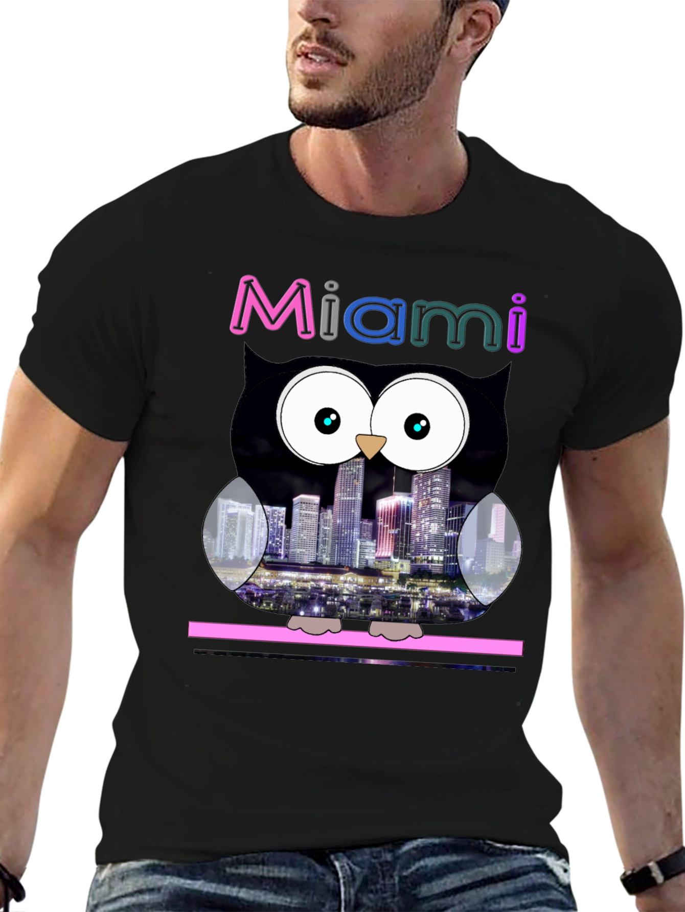 Miami Owl Graphic Tee - City Skyline Design