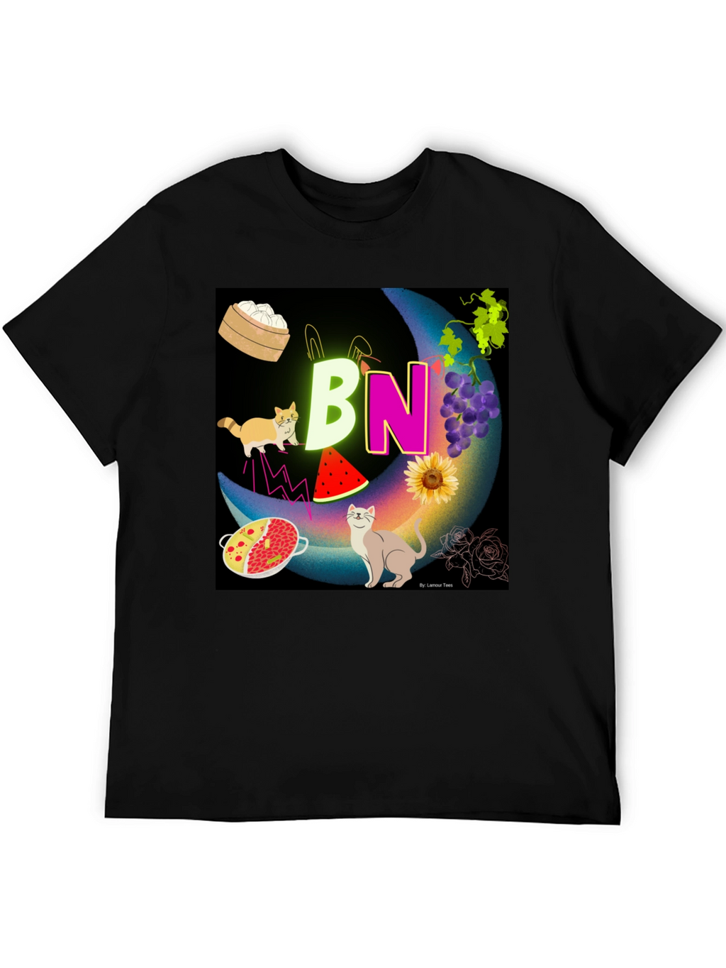 Novelty Graphic T-Shirt: BN Moon with Cats and Food