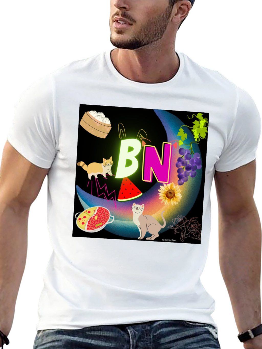Novelty Graphic T-Shirt: BN Moon with Cats and Food