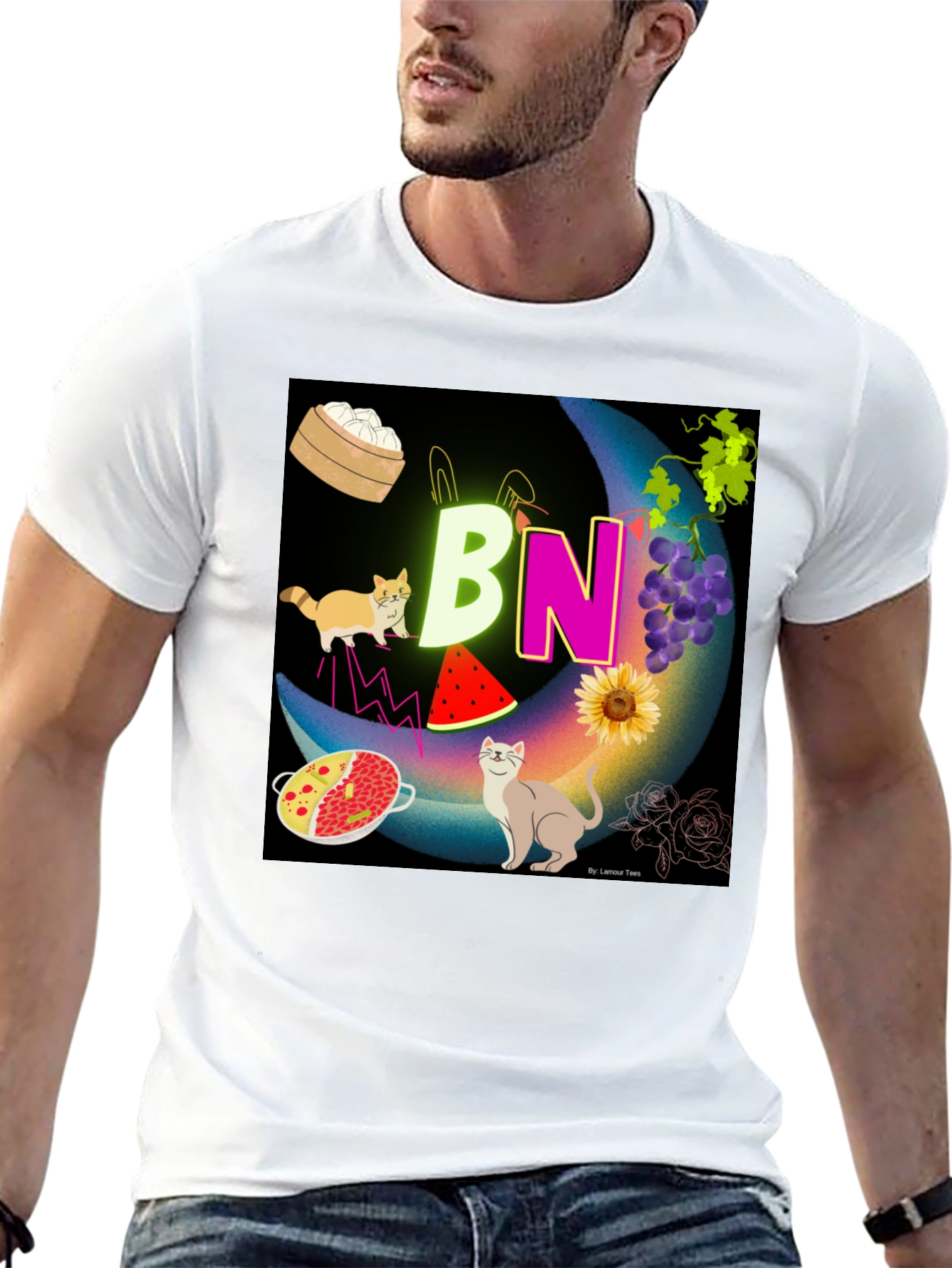Novelty Graphic T-Shirt: BN Moon with Cats and Food