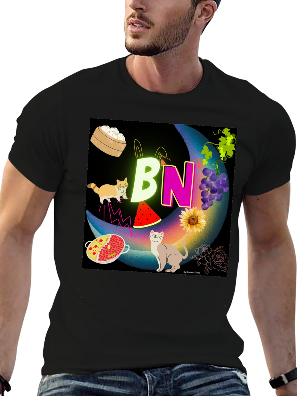 Novelty Graphic T-Shirt: BN Moon with Cats and Food