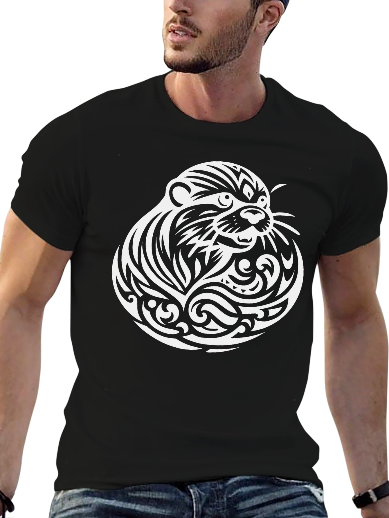 Otter Tribal Tattoo T-Shirt - Black