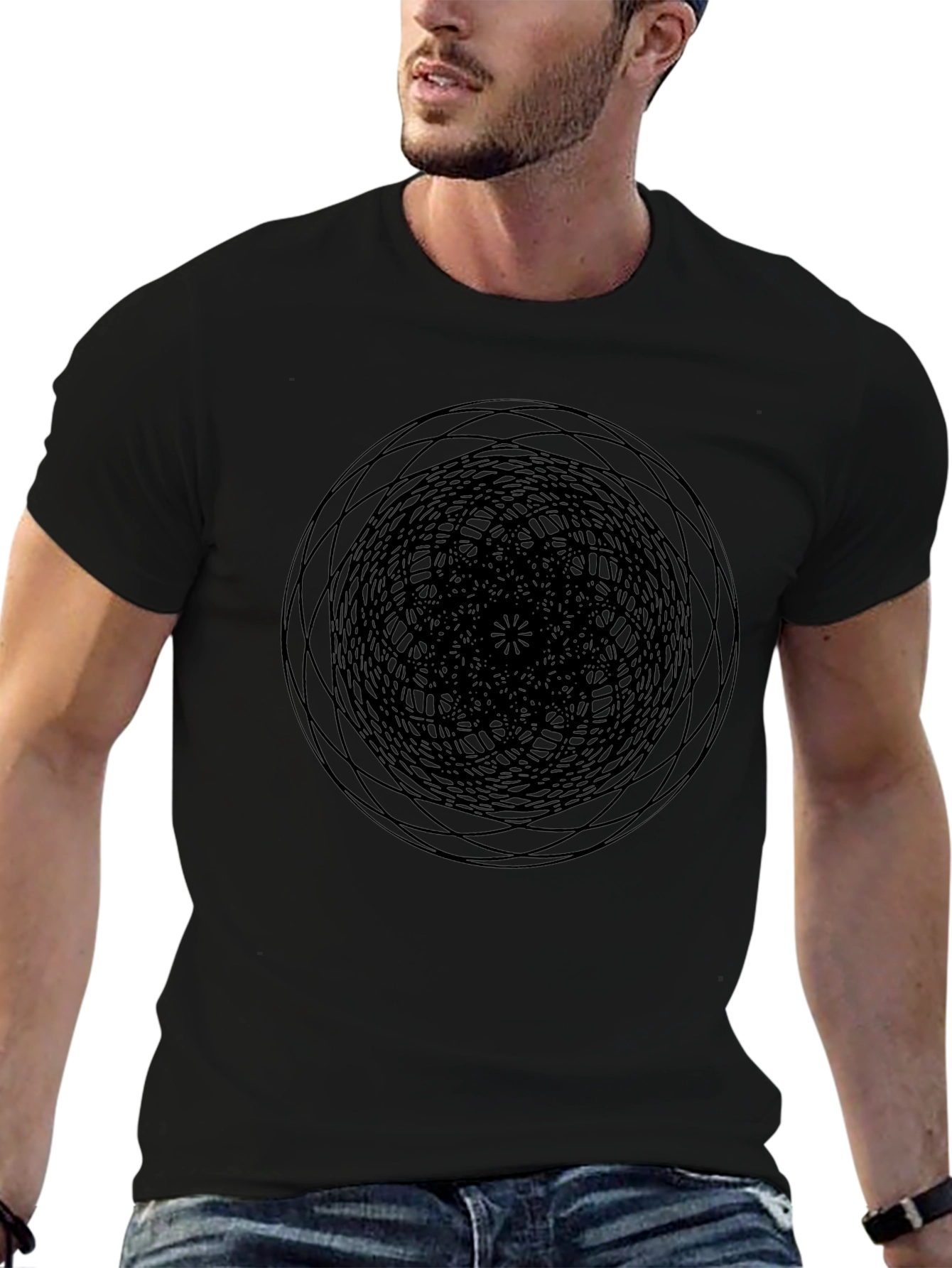 Abstract Geometric Circle Design Black T-Shirt