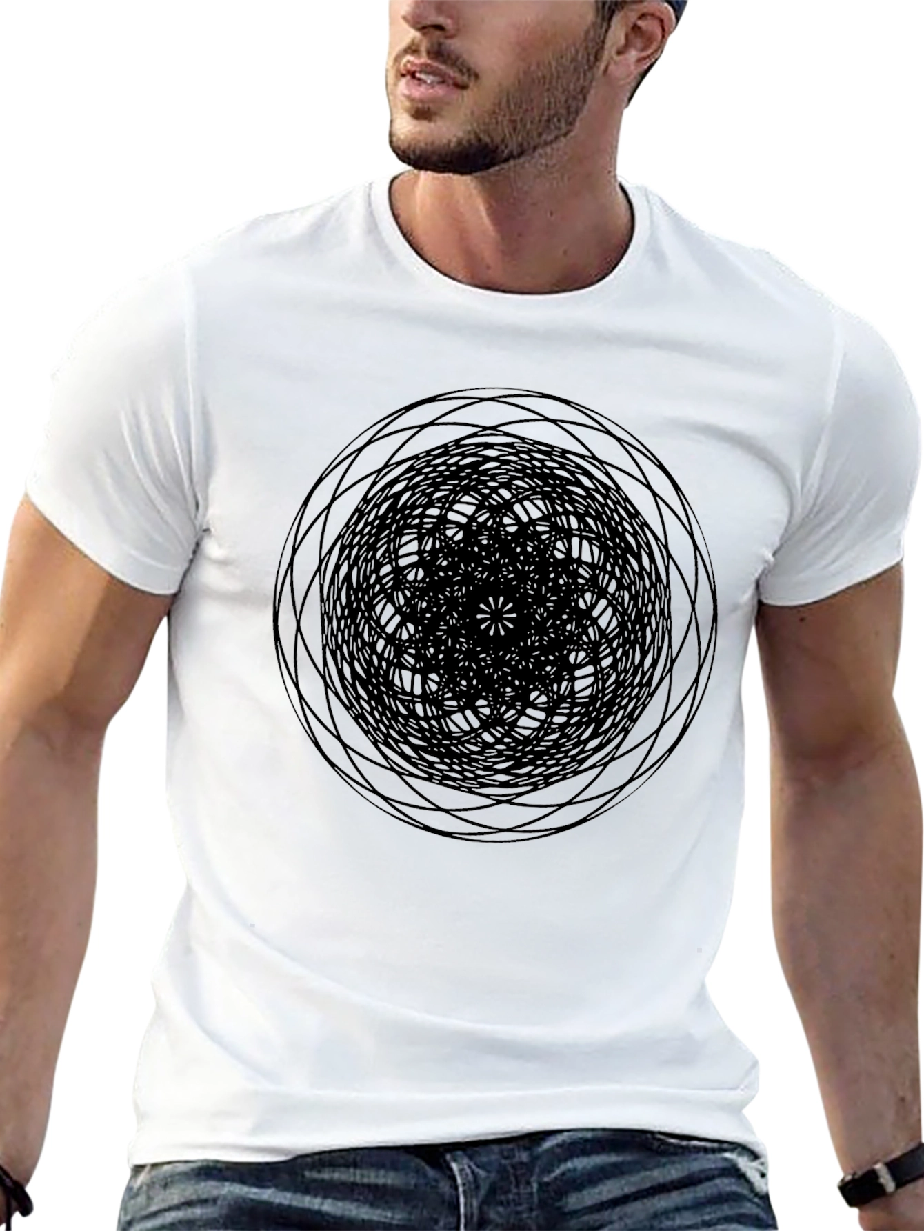 Abstract Geometric Circle Design Black T-Shirt