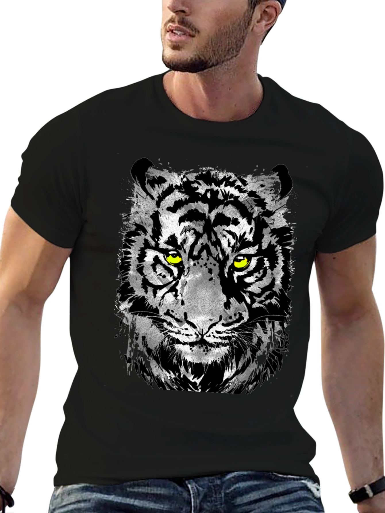 Mens Black T-Shirt with Tiger Graphic