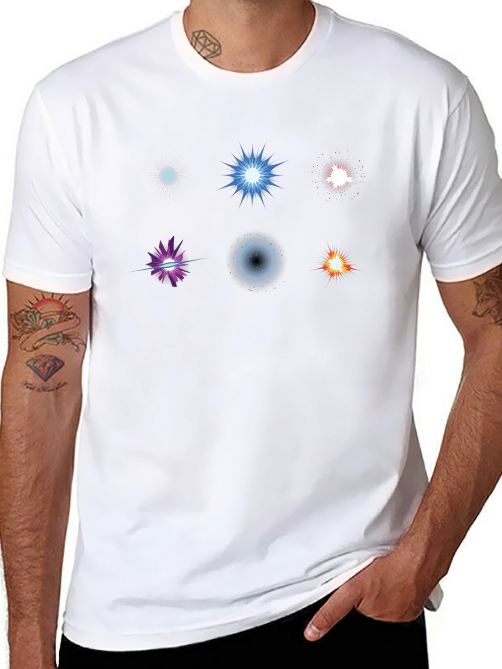 Mens Black T-Shirt with Starburst Designs